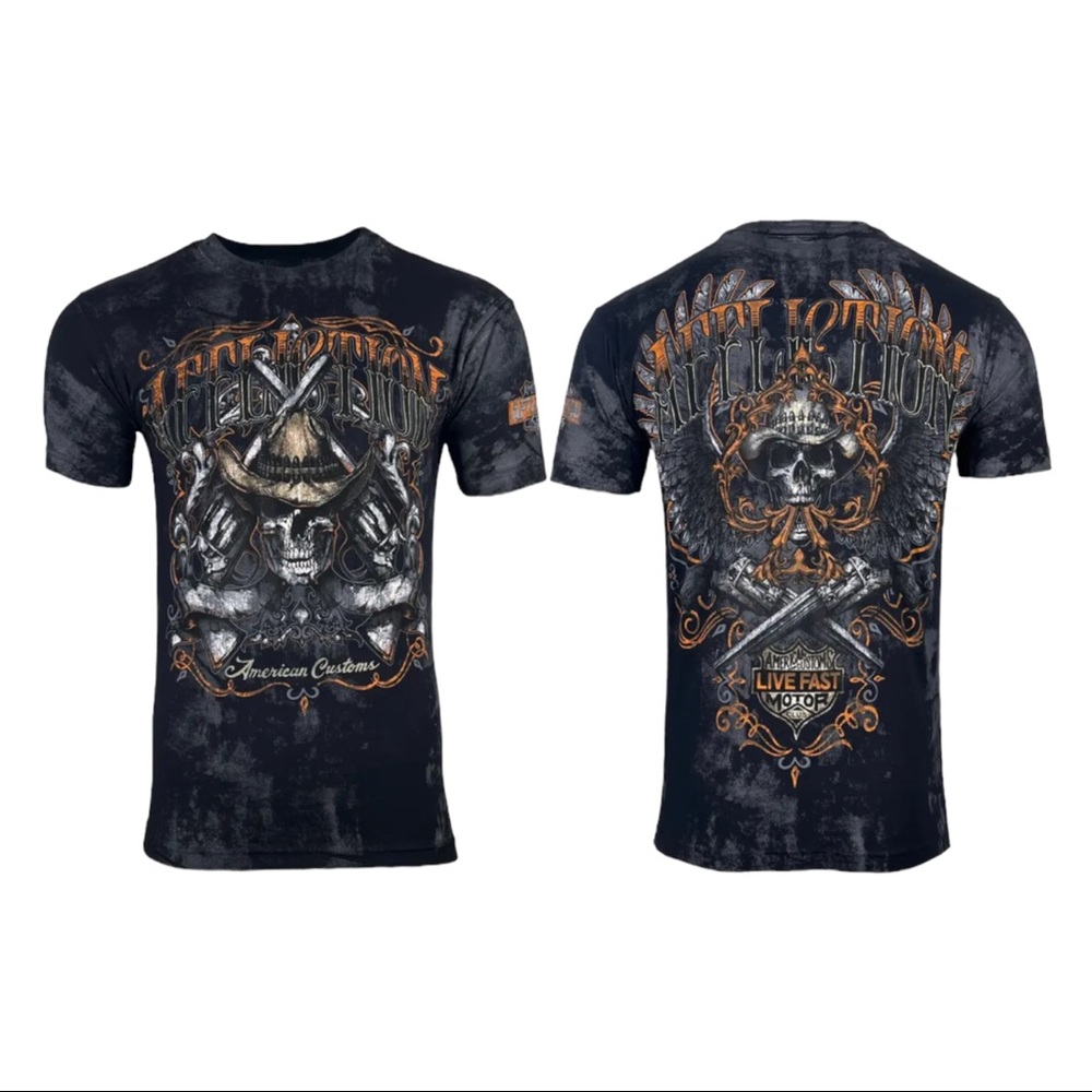Affliction Men's T-Shirt AC OUTBACK Skull Biker Black Tattoo S-5XL - Picture 3 of 9